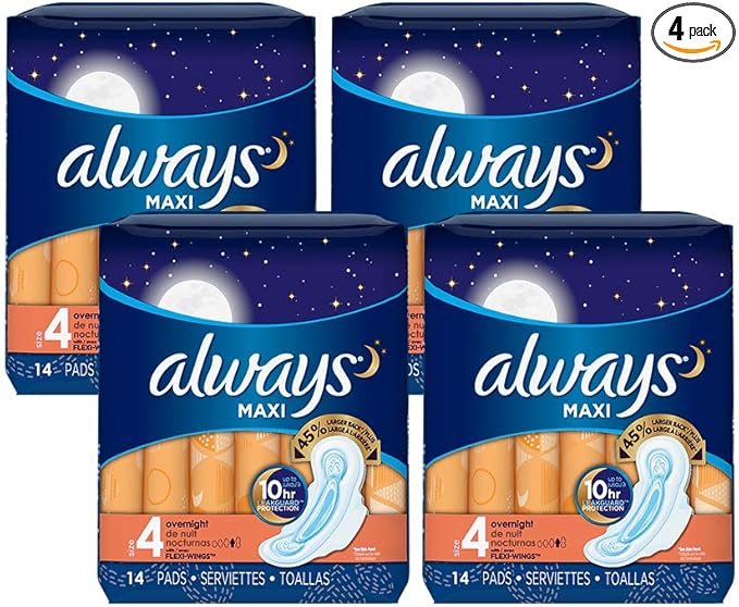 Always Maxi Size 4 Overnight Pads for Women with WingsUnscented 14 Count - Pack of 4 (56 Count Total)