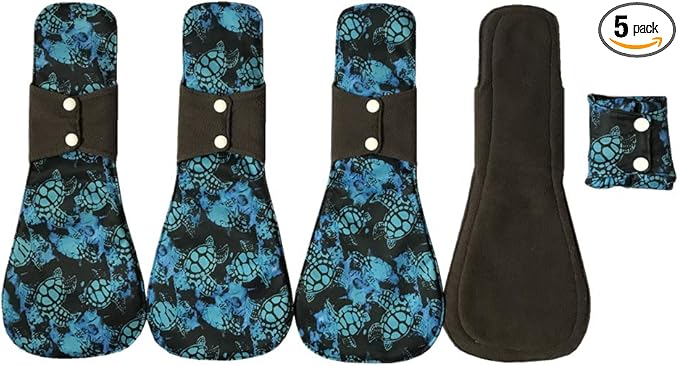MUMBABY 5pcs 14 Inch Overnight Charcoal Bamboo Mama Cloth/Menstrual Pads/Reusable Sanitary Pads (Blue Turtles X-Large)