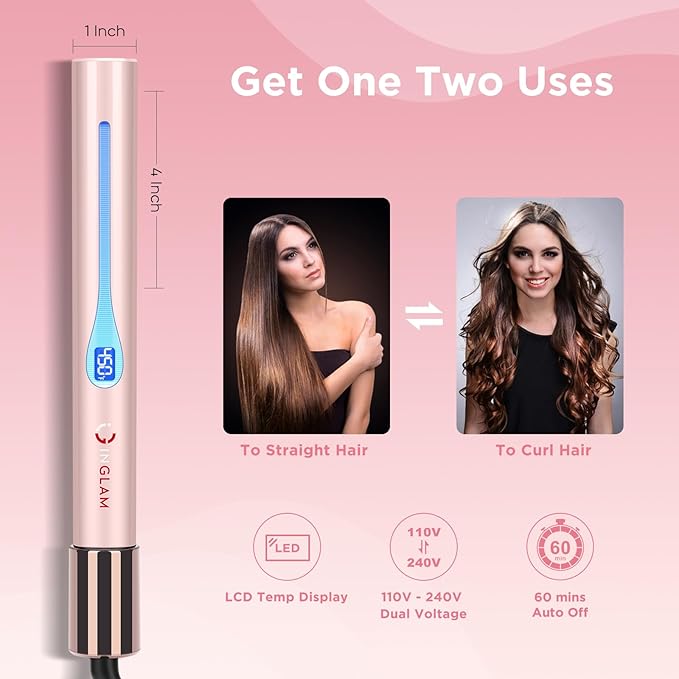 IG INGLAM Titanium Flat Iron Hair Straightener Infrared Curling Iron 1 Inch Negative Ionic Dual Voltage Straightener 11 Adjust Temp 250°F to 450°F Shiny Hair 110-240V Gift Pink
