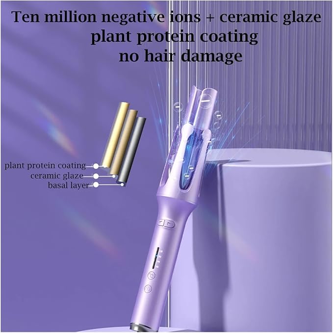 32MM Rotating Negative Hair Curler - 4 Temperature Big Wave Curling Iron for Effortless Styling - EU/US/UK Plug(Purple 32MMEU)