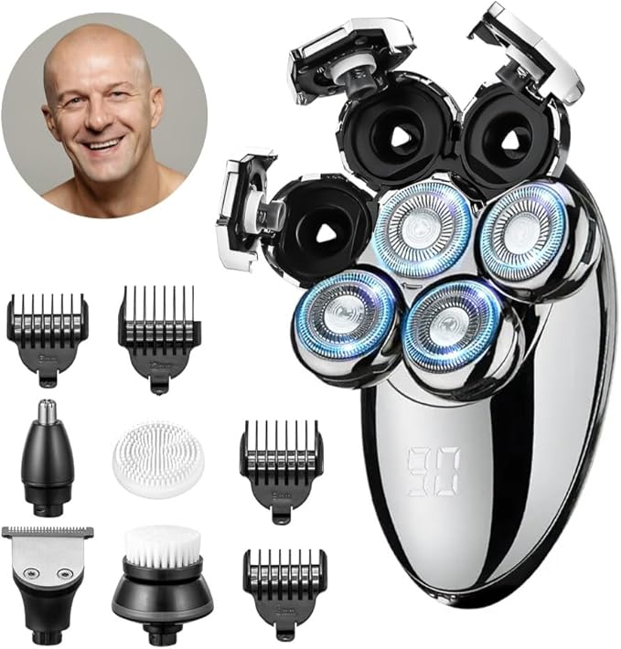 Head Shavers for Bald Men Electric Razor for Men 7D Floating Razor Rechargeable LED Display Head Shaver Face Body Ear Nose Trimmers Cordless Portable IPX7 Waterproof Wet Dry Shaving Grooming Kit
