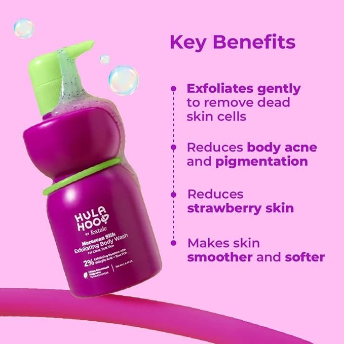 H.u.l.a Hoop Exfoliating Body Wash by F.oxtale | 2% Salicylic Acid + Zinc PCA | Reduces Body Acne Strawberry Legs &amp Tan | Exfoliates &amp Moisturizes to Reveal Smooth &amp Bump-free Skin | 250m