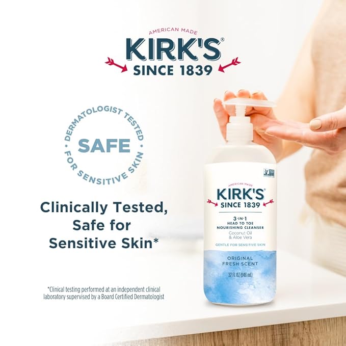 Kirk's 3-in-1 Head to Toe Nourishing Liquid Cleanser- for Men Women &amp Children - Premium Coconut Oil &amp Aloe Vera- Non GMO &amp Vegan -Original Fresh Scent - 32 Fl Oz
