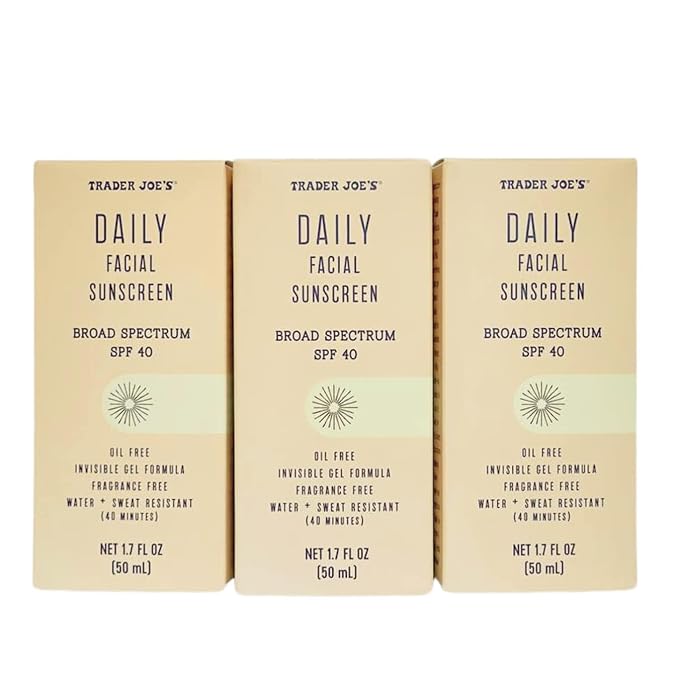 Trader Joe’s Daily Facial Sunscreen Broad Spectrum SPF 40 Oil Free Invisible Gel Formula Fragance Free Water + Sweat Resistance 150 mL Total (50 mL each) (3-PACK)