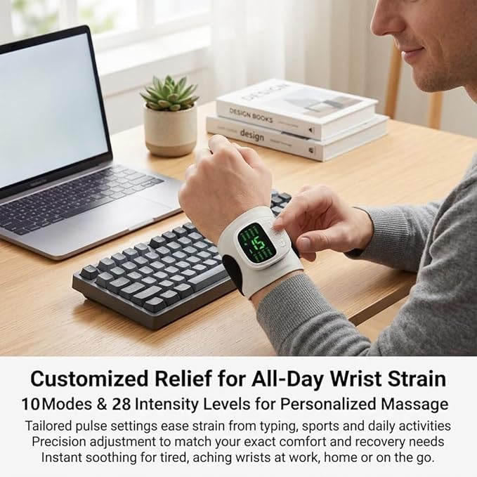 Rechargeable Adjustable Electric Wrist Massager Portable Cordless Hand Massager with Heat and Compression 10 Modes 29 Intensities Wearable Heating Pad fo Sports (White)