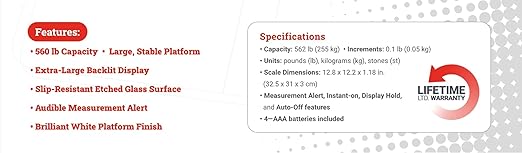 Escali High Capacity Anti-Slip Digital Bathroom Scale for Body Weight with Extra-High 562-lb Capacity Batteries Included