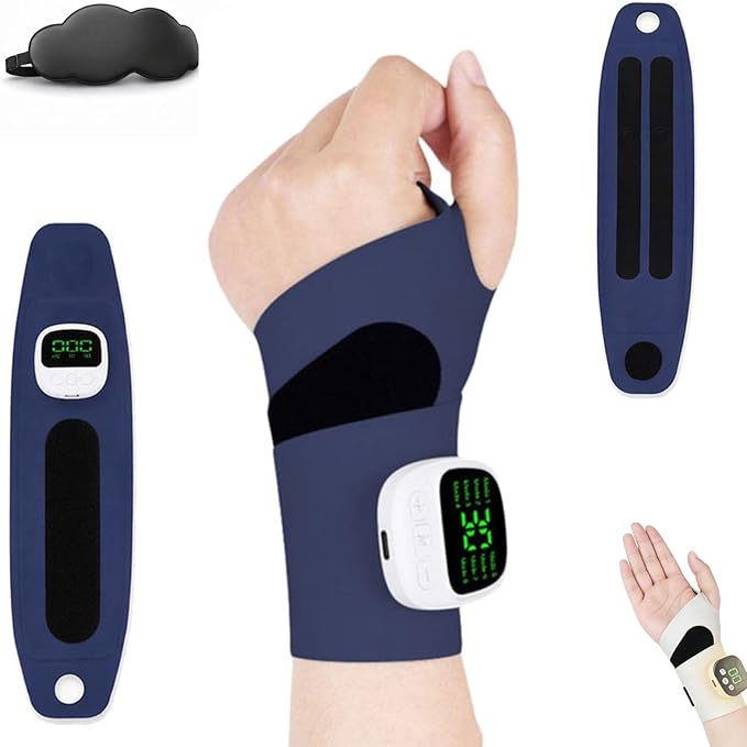 Rechargeable Electric Wrist Massager Portable Hand Heating Pad with 8 Modes &amp 30 Intensity Levels Wrist Massage Machine Wearable Hand Heating Pad for Daily &amp Sports (White) (Navy Blue)