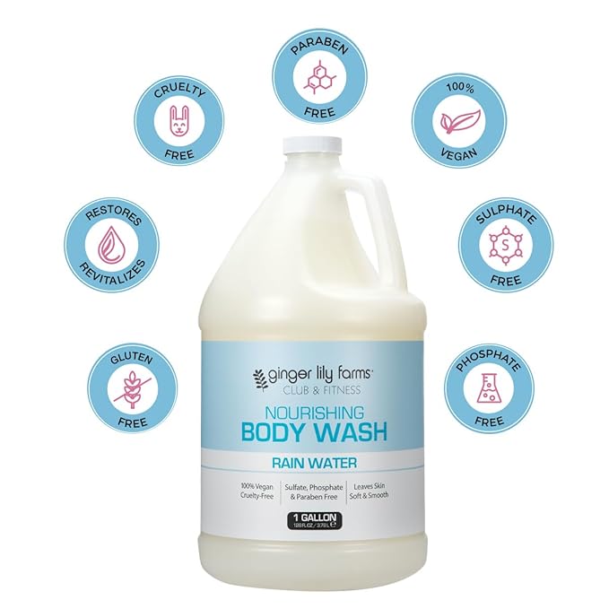 Ginger Lily Farms Club &amp Fitness Nourishing Body Wash 100% Vegan &amp Cruelty-Free Bath &amp Shower Gel for Men and Women Rain Water Scent 1 Gallon (Pack of 4)