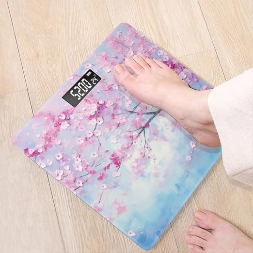 Digital Scale for Body Weight Highly Precision Bathroom Weight Scale 400 lbs with Backlit Display Personalized Scale for Home-Pink Cherry Blossom Tree with Light Blue Sky