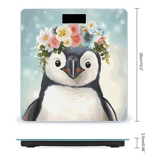 Penguin Wearing Flowers Scale for Body Weight Anti-Slip Digital Bathroom Scale Sturdy Toughened Glass Weighing Scales High Precision Safe Rounded Corners Smart Scales