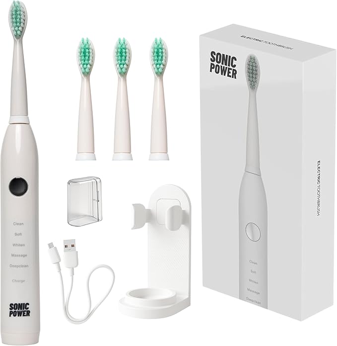 Electric Toothbrush Kit Ultra Portable &amp Lightweight with 5 Cleaning Modes 1 Year Supply of Brush Heads Rechargeable Battery Mirror Mount &amp Travel Cap Included (White)