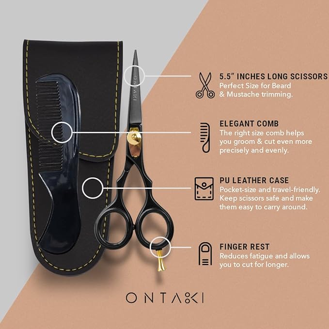Ontaki Beard &amp Moustache Scissors for Men - 5.5 Japanese Steel Black - Precision Sharp Blades Ergonomic Finger Rest &amp Adjustable Tension Screw for Perfect Trimming - Beard Grooming Scissors