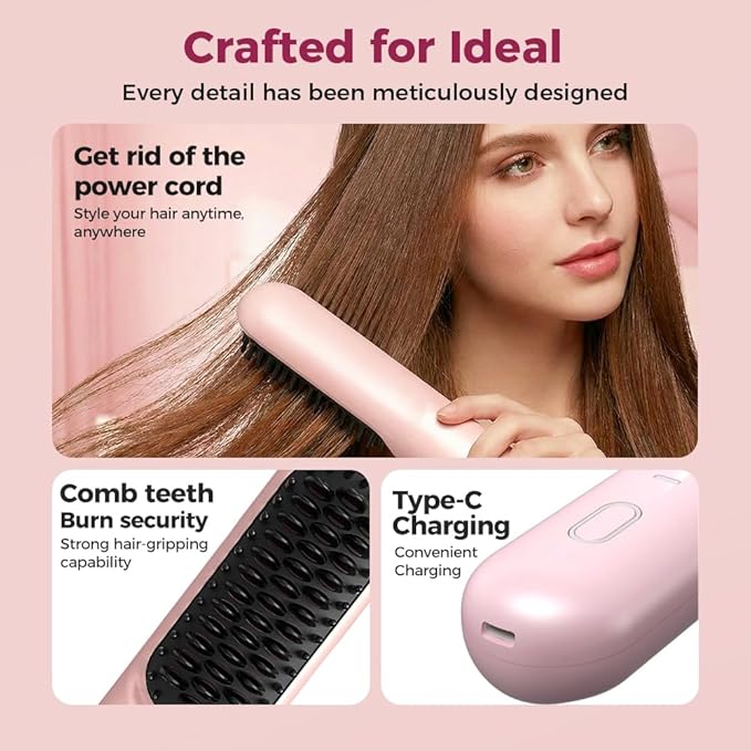GO Brush - Pro for Short Hair Cordless Straightening Brush with 30s Fast Heat 3 Temperature Settings Ionic &amp Ceramic Care Portable Mini Hair Brushs for Frizz-Free Styling (Pink)