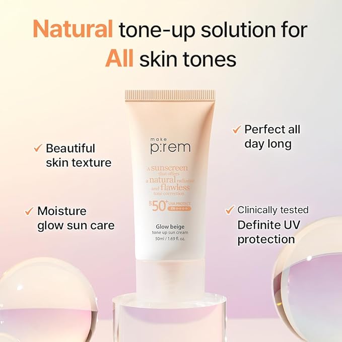 MAKE P:REM Glow Beige Tone Up Sunscreen Foundation-Free Mineral Sun Care Skin Tone Correction Lightweight Korean Sunscreen Korean Skin Care SPF 50 1.69 fl.oz. (50ml)