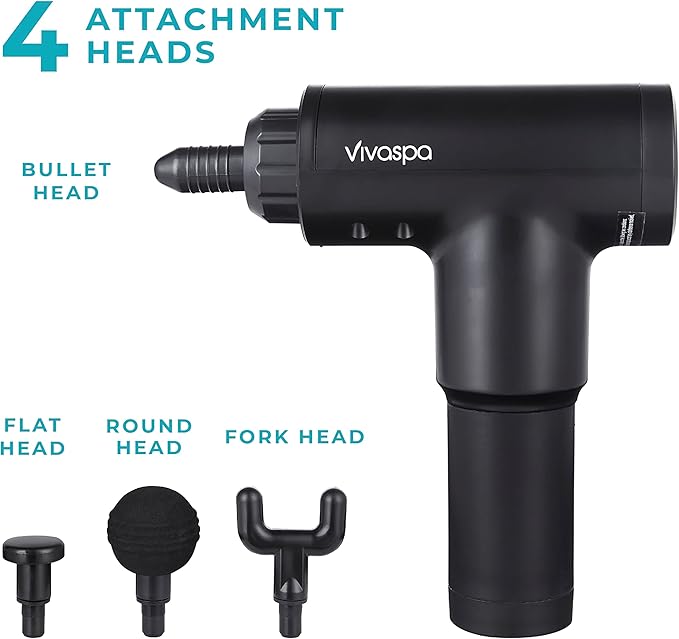 Vivitar - Vivaspa Deep Tissue Massage Gun Cordless Handheld Percussion Massager with LCD Display 4 Massage Heads 6 Speed Levels for Muscle Recovery (Black)