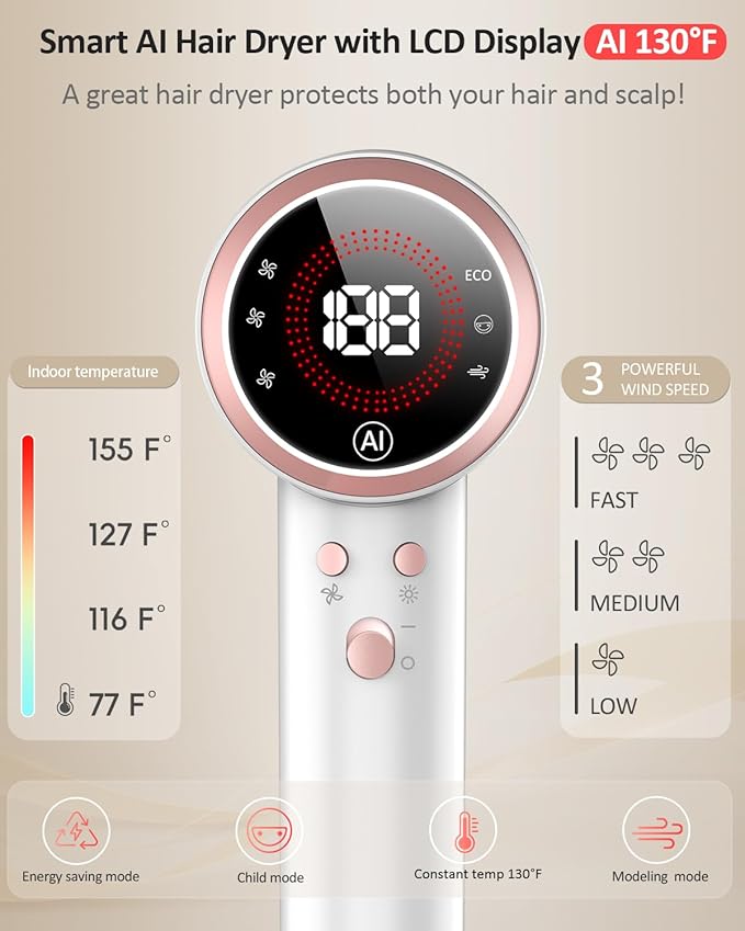 Hair Dryer AI Smart 160000 RPM High-Speed Brushless Motor Plasma Ion AI Blow Dryer with Diffuser for Fast Drying Professonal 4Temp/3Speed Thermo-Control Lightweight AI Hairdryer for Women Men Travel