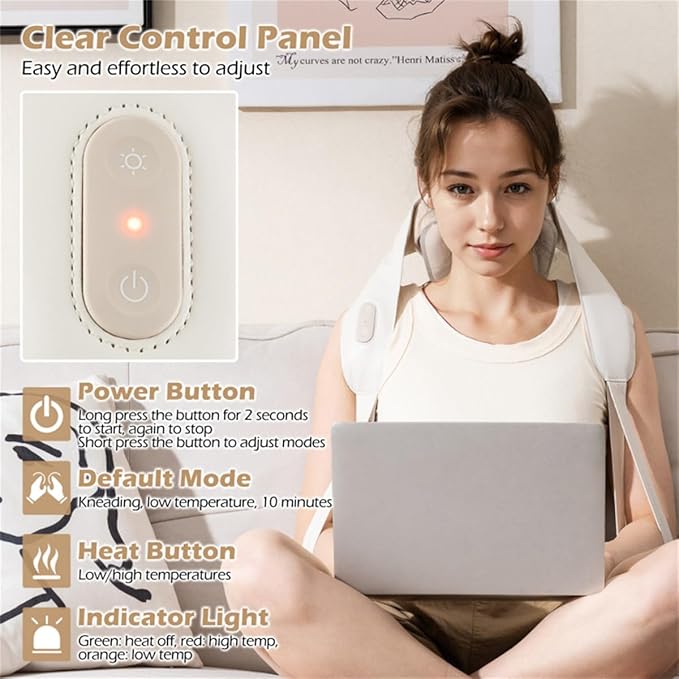Neck and Shoulder Massager with 4D Kneading Adjustable Heat Hands-Free Straps Cordless Design for Home Office Travel Use