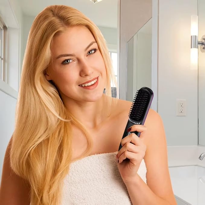Cordless Hair Straightener Brush Portable Mini Hair Straightening Brush with 3 Temperature Settings &amp LED Display USB Rechargeable Fast Heating Hairs Brush for Travel (White)