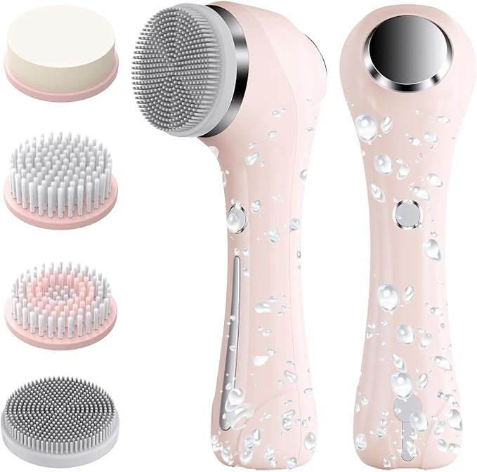 Facial Cleansing Brush 2 in 1 Ｗaterproof IPx7 Facial Spin Scrubber Set with 4 Brush Heads Rechargeable Exfoliating Face Brush Deep Cleansing Gently Exfoliate and Remove Blackhead (Pink)