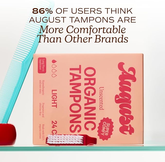 August Light Tampons - 72-Pack 100% Organic Cotton Tampons for Women and Anyone Who Menstruates Non-Toxic Fragrance-Free and Hypoallergenic with Long Applicators (3 Boxes of 24)