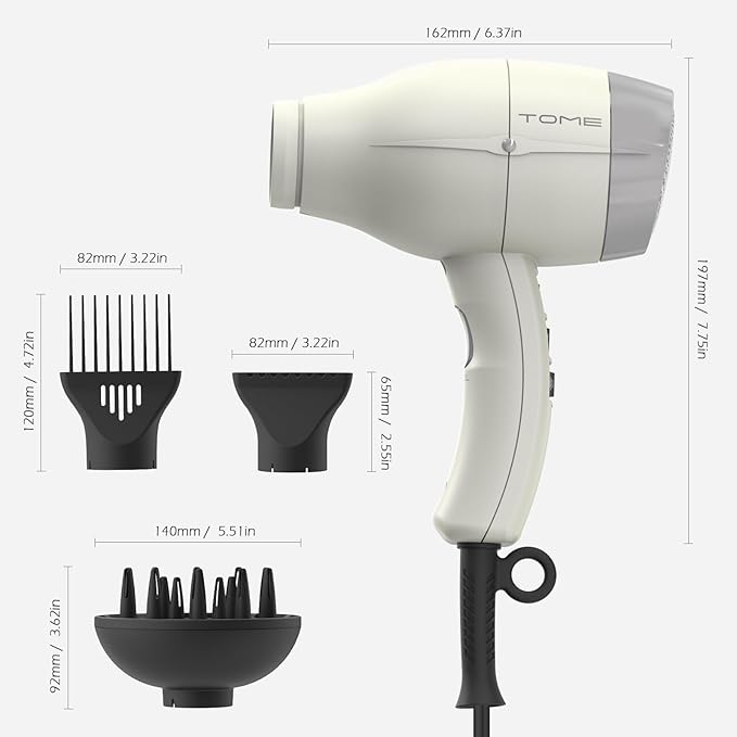 TOME Hair Dryer with Diffuser 1875W Ionic Blow Dryer with Comb Attachment and Concentrator for Home Use Fast Drying with Cool Shot and 2 Heat &amp 2 Speed Settings 125V White