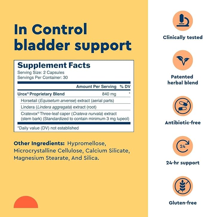 Uqora in Control Bladder Support - Daily Bladder Care &amp Support for Urinary Comfort - Made with botanicals Like Horsetail &amp Spicebush - Gluten-Free &amp Vegetarian - 120 Capsules (2 Pack)