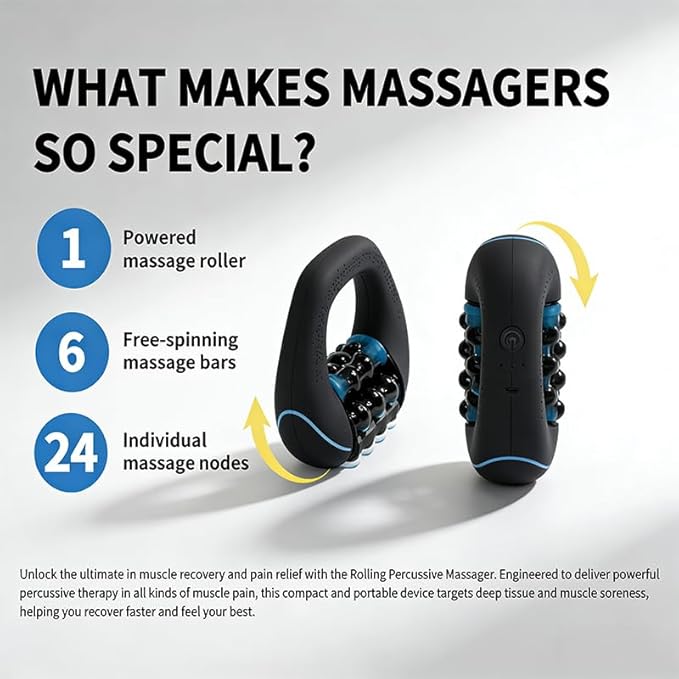 Electric Deep Tissue Massager 3-Speed Rolling Percussive Muscle Roller with Hands-Free Base - Rechargeable Portable Massage for Legs Back Shoulders - Recovery Tool for Athletes &amp Runners