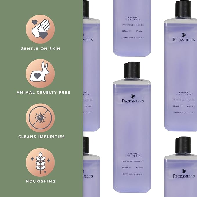 Pecksniff's 33.8 Fluid Oz Shower Gel (Lavender &amp White Tea) - Gentle Cleanser for Sensitive Skin - Moisturizing &amp Hydrating - All Natural Cruelty Free Body Wash - Vitamin B Enriched Body Wash