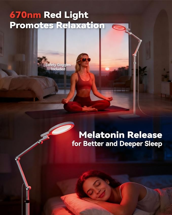 2-in-1 Light Therapy Lamp 670nm Red Light Therapy Lamp for Sleep &amp 12000 Lux Happy Light Sun Lamp Sad Lamp Floor Lamp with Remote Timer Eye-Safe UV-Free 9 Colors 10 Brightness for Bedroom Offi