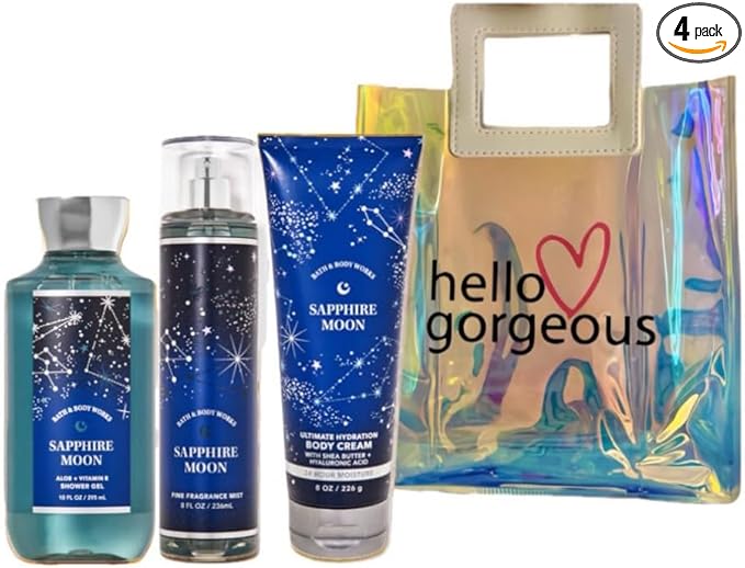 Bath &amp Body Works - 3 Piece Bundle - Spray - Body Cream - Shower Gel - Full Size and Bag HELLO GORGEOUS (Sapphire Moon)