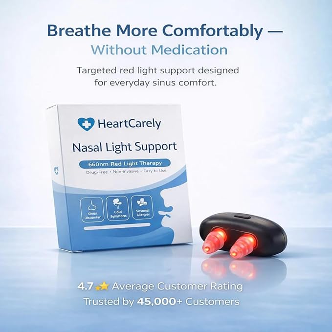 HeartCarely Red Light Nasal Congestion Relief Red Light Nasal Device for Congestion Relief | Red Light for Nose Sinus Support &amp Allergy Comfort | Portable USB Rechargeable Wellness