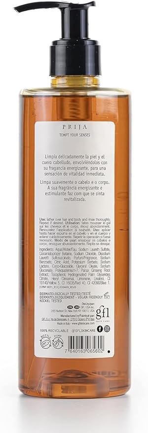 Prija Vitalizing 2 in 1 Shower Gel and Shampoo with Ginseng Extract Hydrating and Energizing Hair and Body Wash Gel with Pump Dispenser Luxurious Shower Gel 5 x 12.85 Fl. Oz