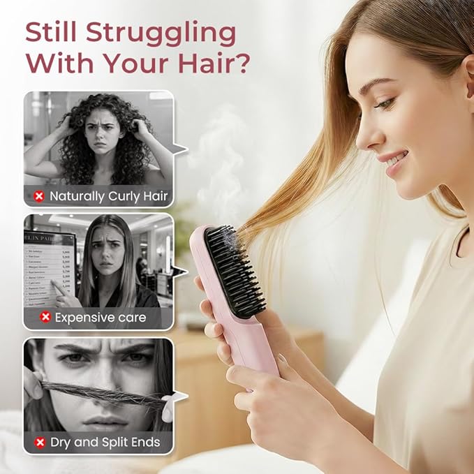 2026 New Go Brush for Short Hair Portable Hair Straightener Cordless Travel Straightening Hair Comb with 4 Temperature Settings Fast Heating Ceramic Brush for Home Use (Pink)