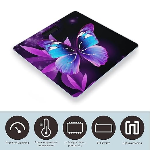 Blue Purple Butterfly Scale for Body Weight Safe Rounded Corners Tempered Glass Digital Bathroom Scale LED Display 400lb Capacity Weight Scales with High Precision Sensors