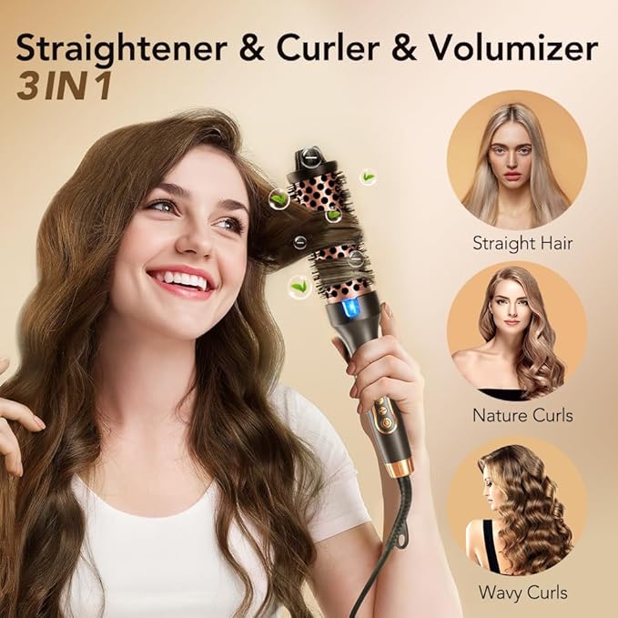 Thermal Brush 1.5 Inch Curling Iron Heated Round Brush Styler Hair Straightener &amp Curler &amp Volumizer 3 in 1 Negative Ion Dual Voltage 9 Temperature Control with LED Display (Inky)