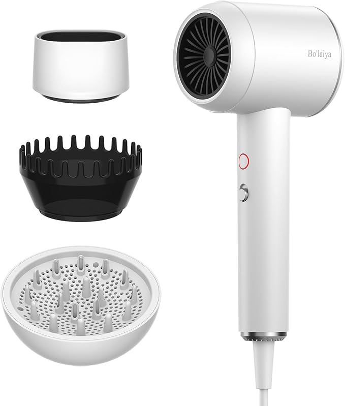 Professional Ionic Hair Dryer | Powerful Low Noise Hair Dryer | Constant Temperature for Fast Hair Drying | with Hair Diffuser Cluster Nozzle and Comb for Curly (White)