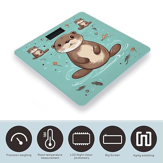 Cartoon Cute Otter Scale for Body Weight Safe Rounded Corners Tempered Glass Digital Bathroom Scale LED Display 400lb Capacity Weight Scales with High Precision Sensors