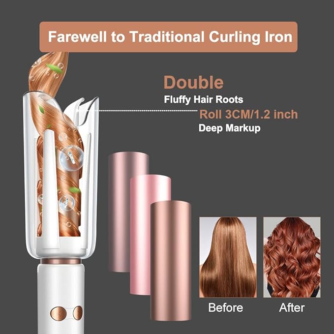 JINRI Automatic Rotating Curling Iron-Beach Waves Curling Wand Pumped-Up Volume Portable Hair Curler 500 Million Ionic Dual Voltage &amp Lightweight for Travel Ceramic Coating 1 Inch White