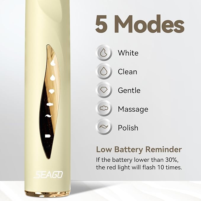 SEAGO Electric Toothbrushes for Adults Rechargeable Toothbrushes with 8 Brush Heads5 Modes Toothbrush with Pressure SensorSonic ToothbrushSG-2753(Beige)