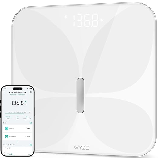 Wyze Smart Scale X Butterfly - Bathroom Scale for Body Weight BMI Body Fat Muscle Mass Accurate Bluetooth Digital Scale for Body Composition Analyzer | Sync Health Apps | ITO Glass 400 lbs White