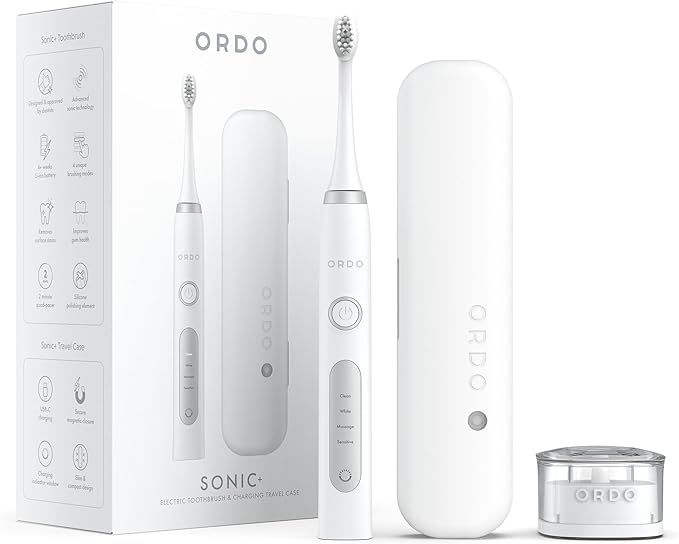ORDO Sonic+ Electric Toothbrush with Case Sonic Toothbrushes for Adults Charging Travel Case 4 Brushing Modes Fast Rechargeable Battery Silicone Polishing USB Charger White