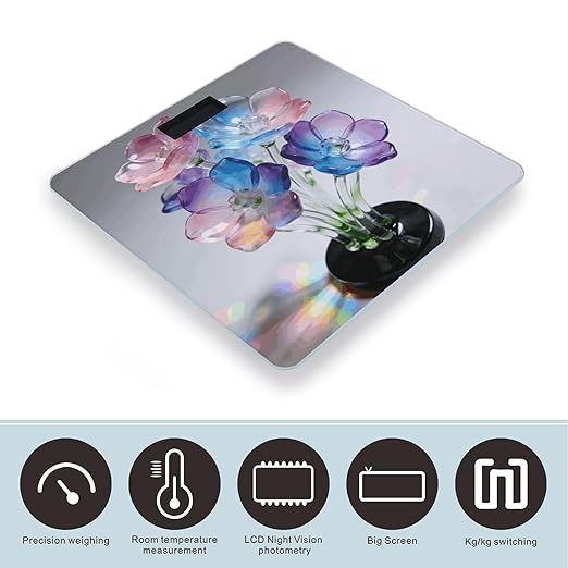 Colored Glass Flowers Weight ScaleClear LED Display Bathroom Digital Weighing ScaleTempered Glass Digital Bathroom Scale for Body Weight Capacity Up to 400 Lbs