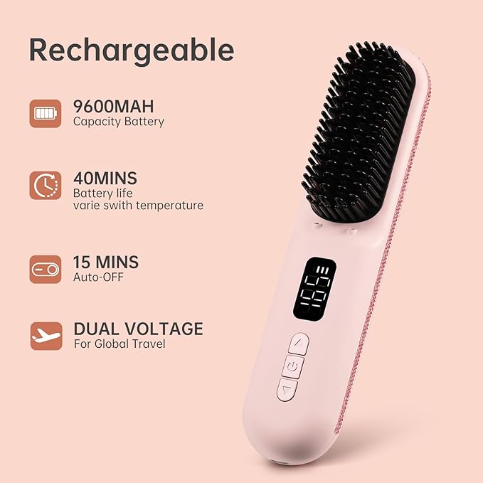 Hair Straightener Brush Portable Cordless Mini Straightening Brush for Travel 300M Negative Ions for Frizz-Free Shine Fast HeatingHot Comb Hair Straightener with 9 Temps for Women