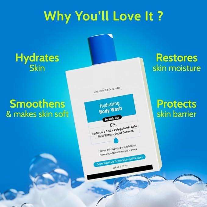 HS Hydrating Body Wash | Hyaluronic Acid Bodywash for Intense Hydration | Reduces Flakes &amp Itchiness | For Dry Skin | Polyglutamic Acid &amp Hyaluronic Acid | SLS &amp Paraben Free | For Women &