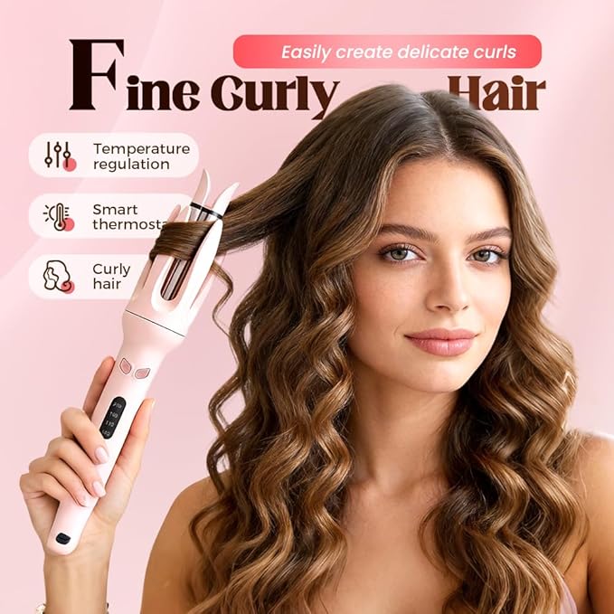 Automatic Hair Curler Auto Rotating Curling Iron with 3 Temp Settings Anti-Scald &amp Anti-Tangle Ceramic Barrel Fast Heating Portable Hair Waver for Travel (Purple)
