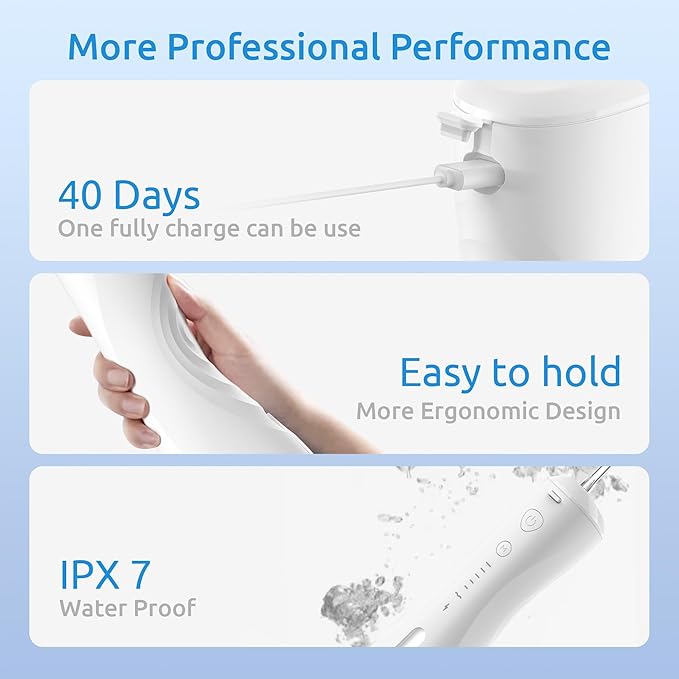 Water Flosser [Dental Cordless Portable] 6 Modes &amp IPX7 Waterproof Rechargeable Oral Irrigator Water Teeth Cleaner Floss Pick Home Use WaterFlossers for Braces Bridges/Gum Care (White)