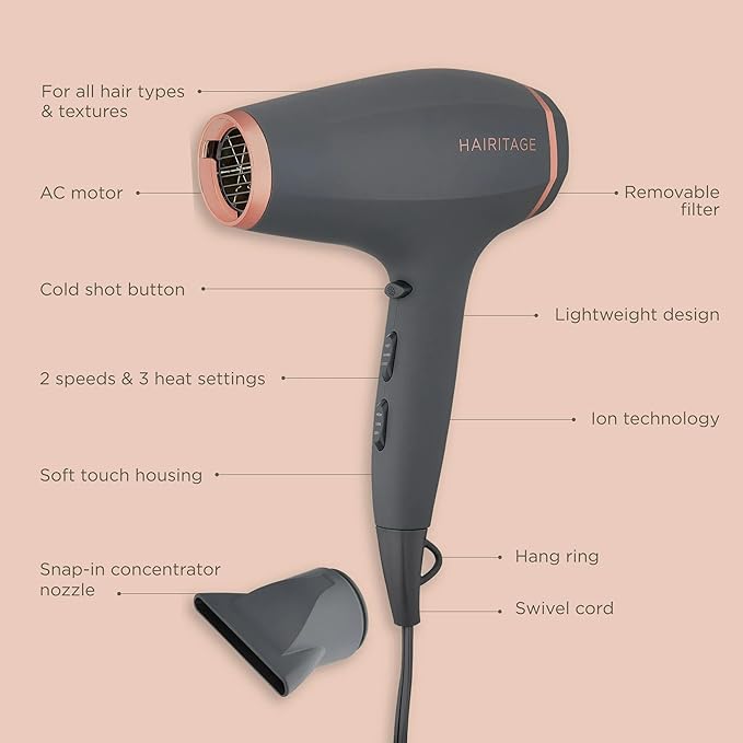 Hairitage Ionic Hair Blow Dryer &amp Diffuser + Concentrator Attachments for All Hair Types 1875 Watts 3 Heat Settings &amp Cool Shot Locks-in Style Best Lightweight Diffuser for Smooth Blowouts