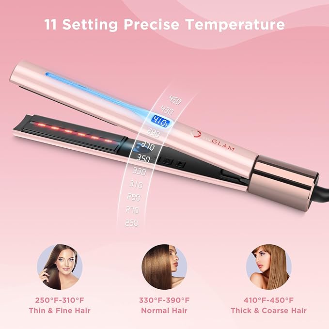 IG INGLAM Titanium Flat Iron Hair Straightener Infrared Curling Iron 1 Inch Negative Ionic Dual Voltage Straightener 11 Adjust Temp 250°F to 450°F Shiny Hair 110-240V Gift Pink