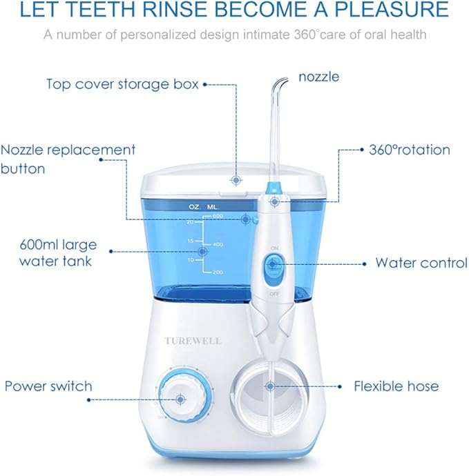 TUREWELL Water Flossing Oral Irrigator 600ML Dental Cleaner 10 Adjustable Pressure Electric Oral Flosser for Teeth/Braces 8 Replacement Jet Tips for Family (White)