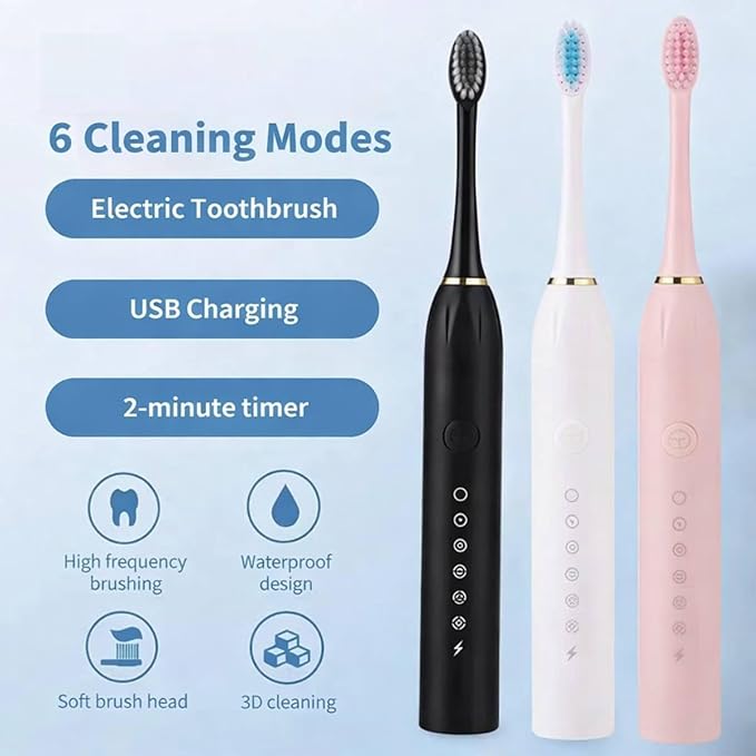Electric Toothbrush for Adults Rechargeable Cordless Power Toothbrush with 6 Modes 4 Brush Heads 2-Min Timer Electric Tooth Brush Adult Black White Pink (White 1Handle 4Heads)